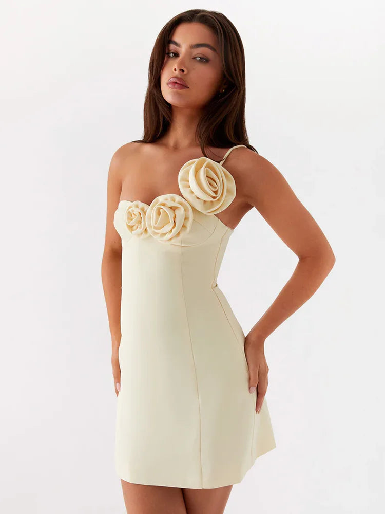 Rose One Shoulder Sexy Mini Dress For Women Robe Summer Solid Off-shoulder Backless A-line Club Party Dress Elegant