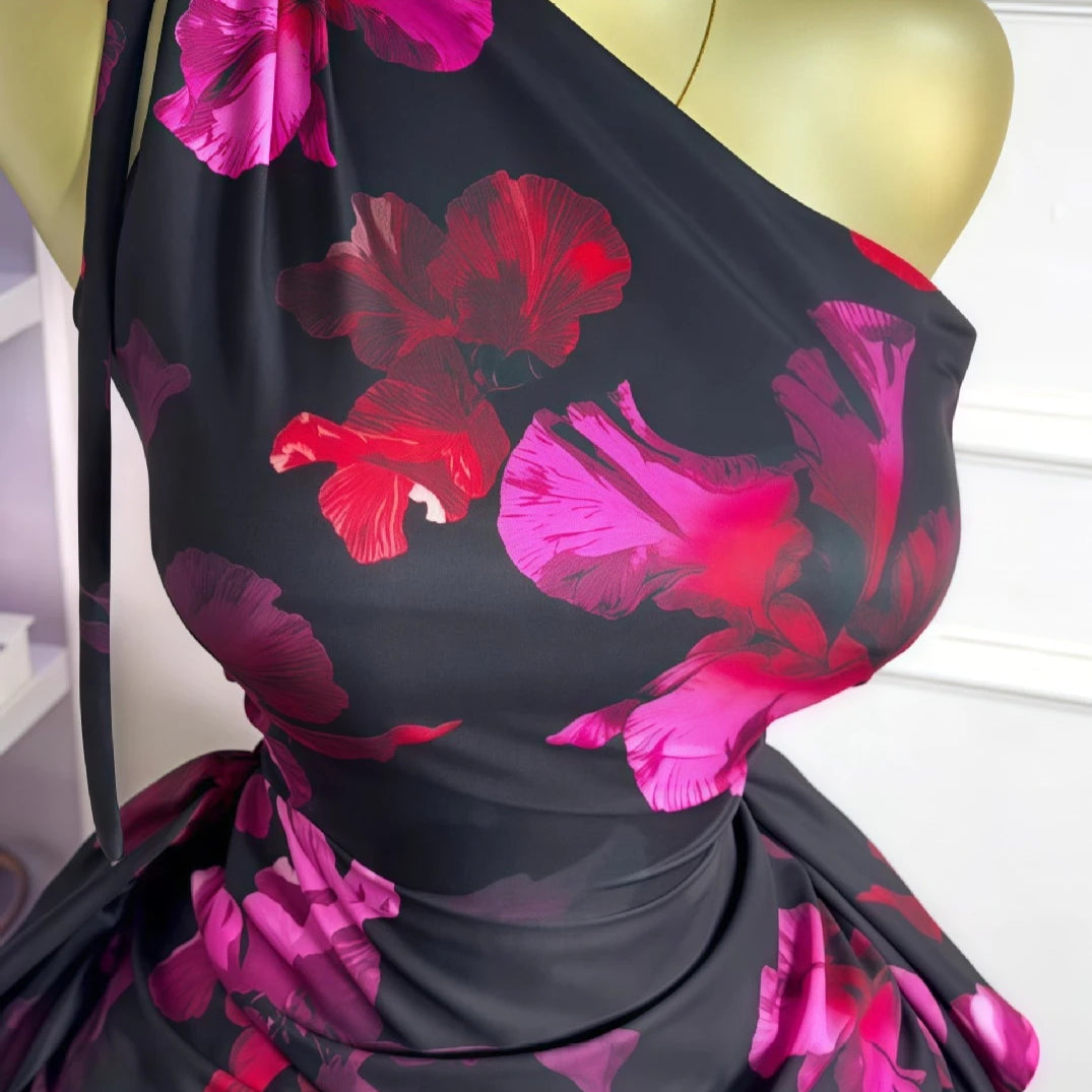 CM.YAYA Women Floral Printed One Shoulder Sleeveless Stacked Ruched Bodycon Midi Maxi Long Dress 2025 Sexy Party Evening Dresses