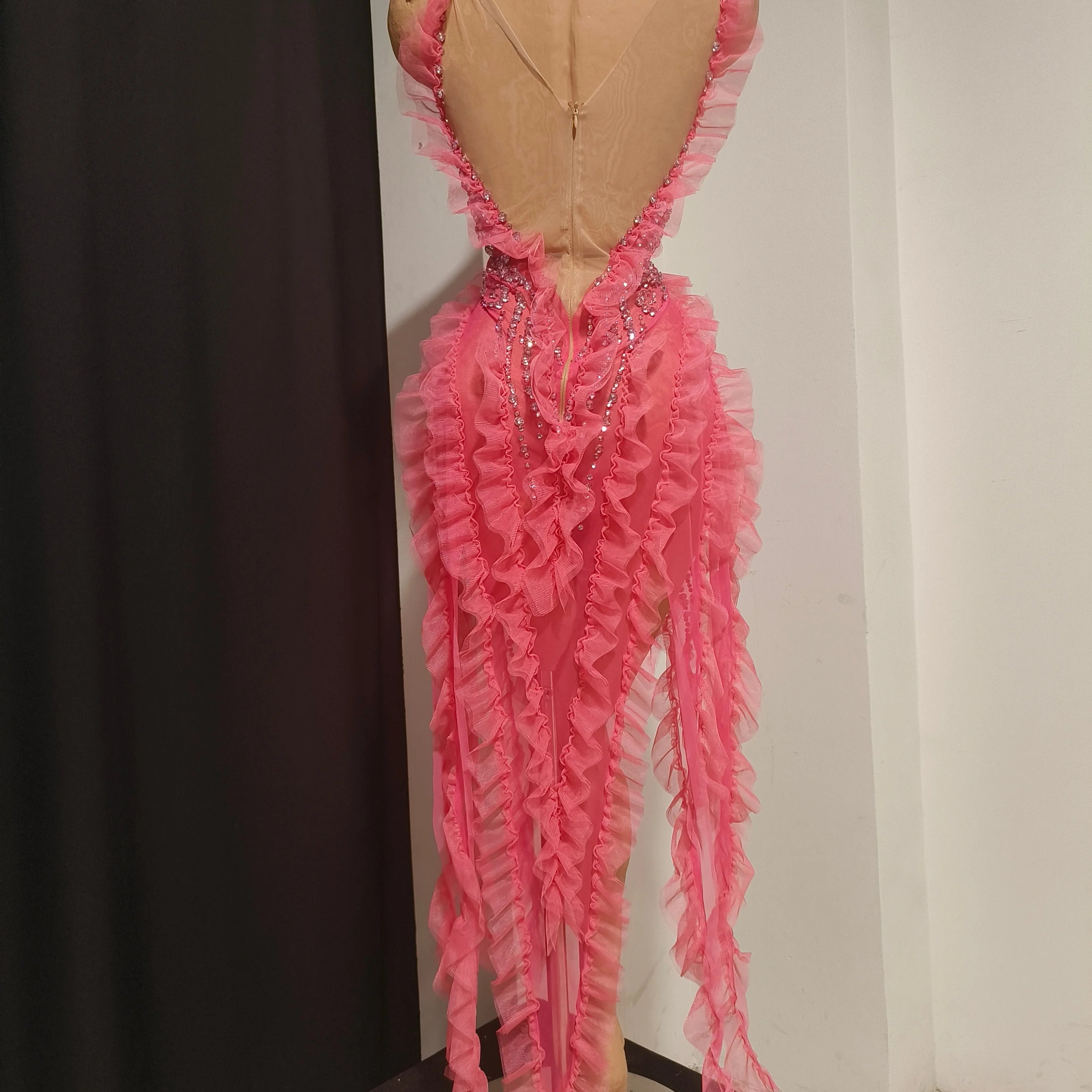 Women Sheer Mesh Rhinestone Ruffle Embellished Latin Dance Performance Costume Elegant Pink Spaghetti Strap Mini Dress