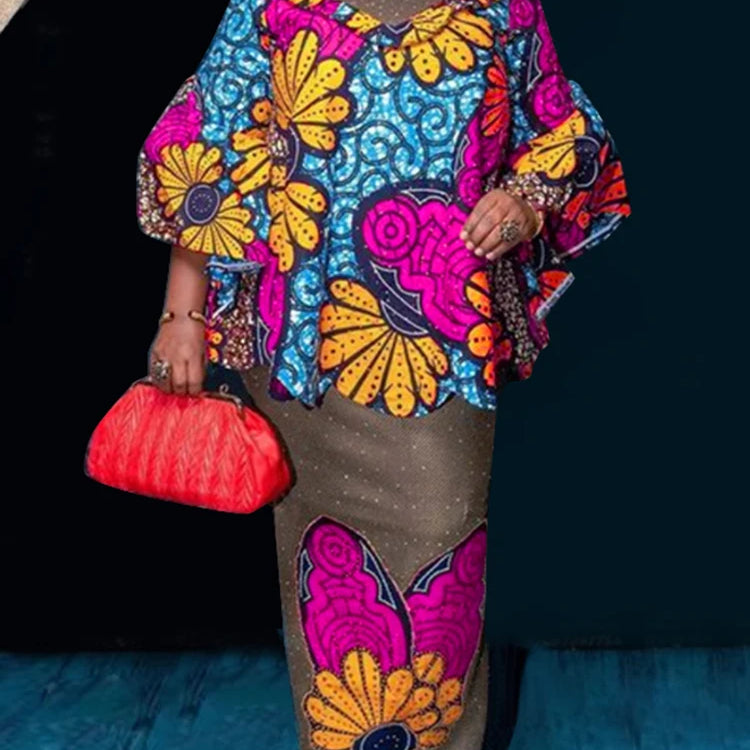 Plus Size VONDA Women Sets 2025 Fashion Suit 3/4 Flare Sleeve Floral Printed Tops And Elastic Waist Maxi Skirts 2Pcs Sets Dark Pink