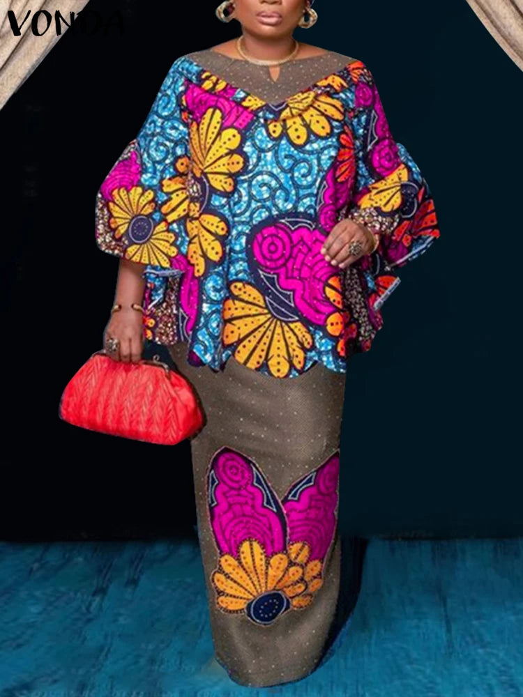 Plus Size VONDA Women Sets 2025 Fashion Suit 3/4 Flare Sleeve Floral Printed Tops And Elastic Waist Maxi Skirts 2Pcs Sets Dark Pink