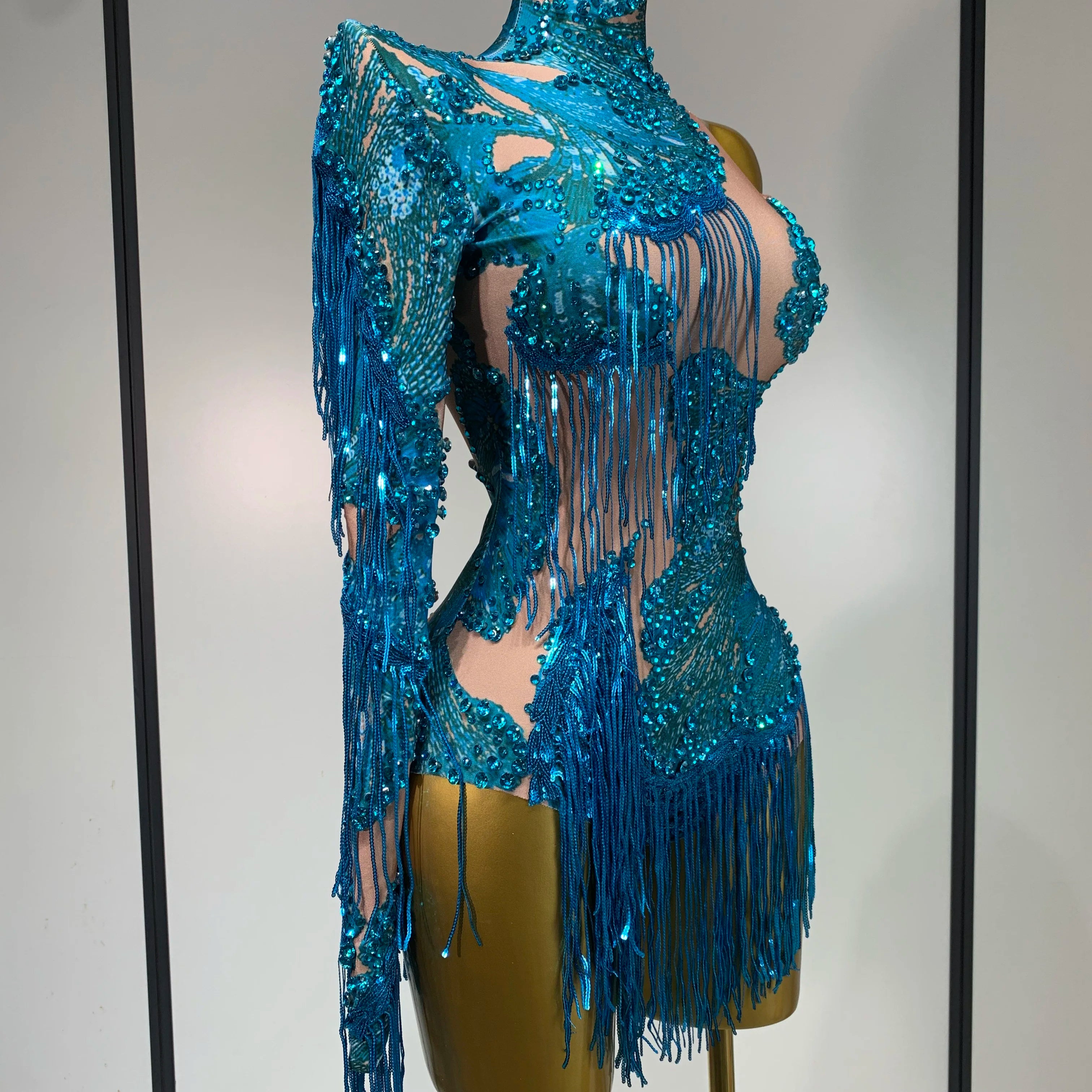 Sexy Sparkly Purple Rhinestones Tassel One Shoulder Sleeve Mini Dress Evening Party Birthday Nightclub Stage Performance Outfit