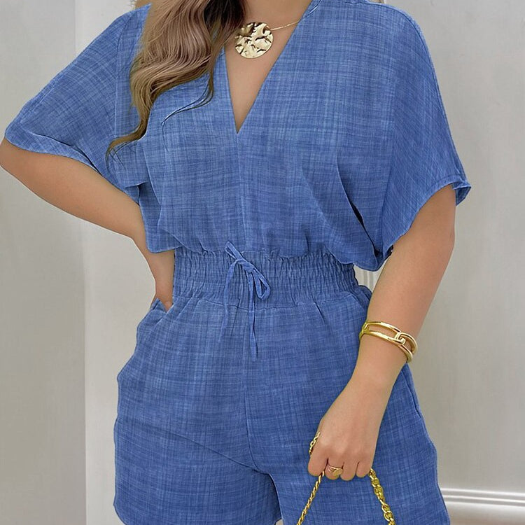 Summer Women Print Jumpsuit Fashion Casual Playsuit V-neck Elegant Romper New Holiday Short Sleeve Outfits Streetwear Jumpsuit Blue