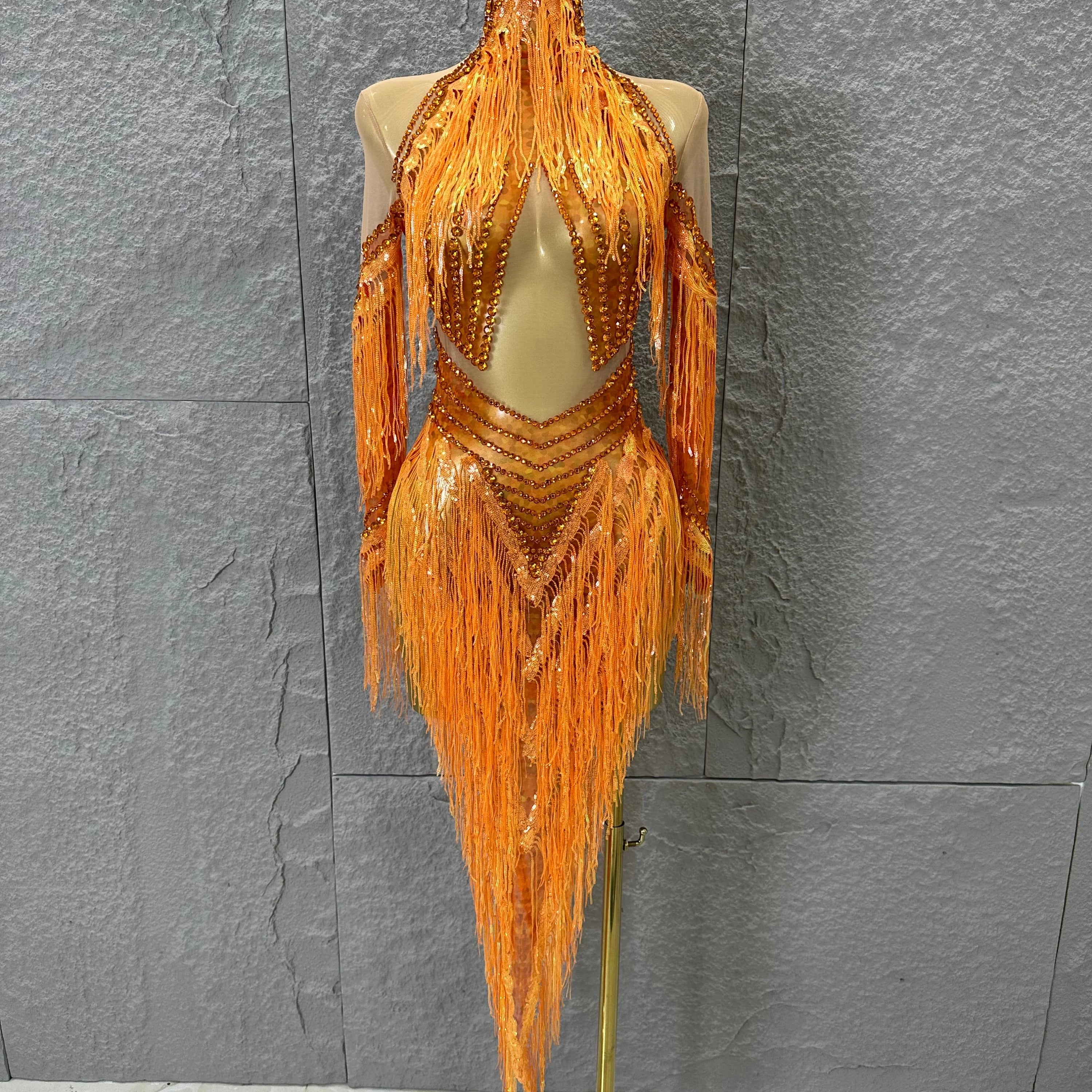 Sparkly Orange Rhinestone Fringe High Neck Dress Women Sheer Mesh Embellished Latin Dance Performance Costume