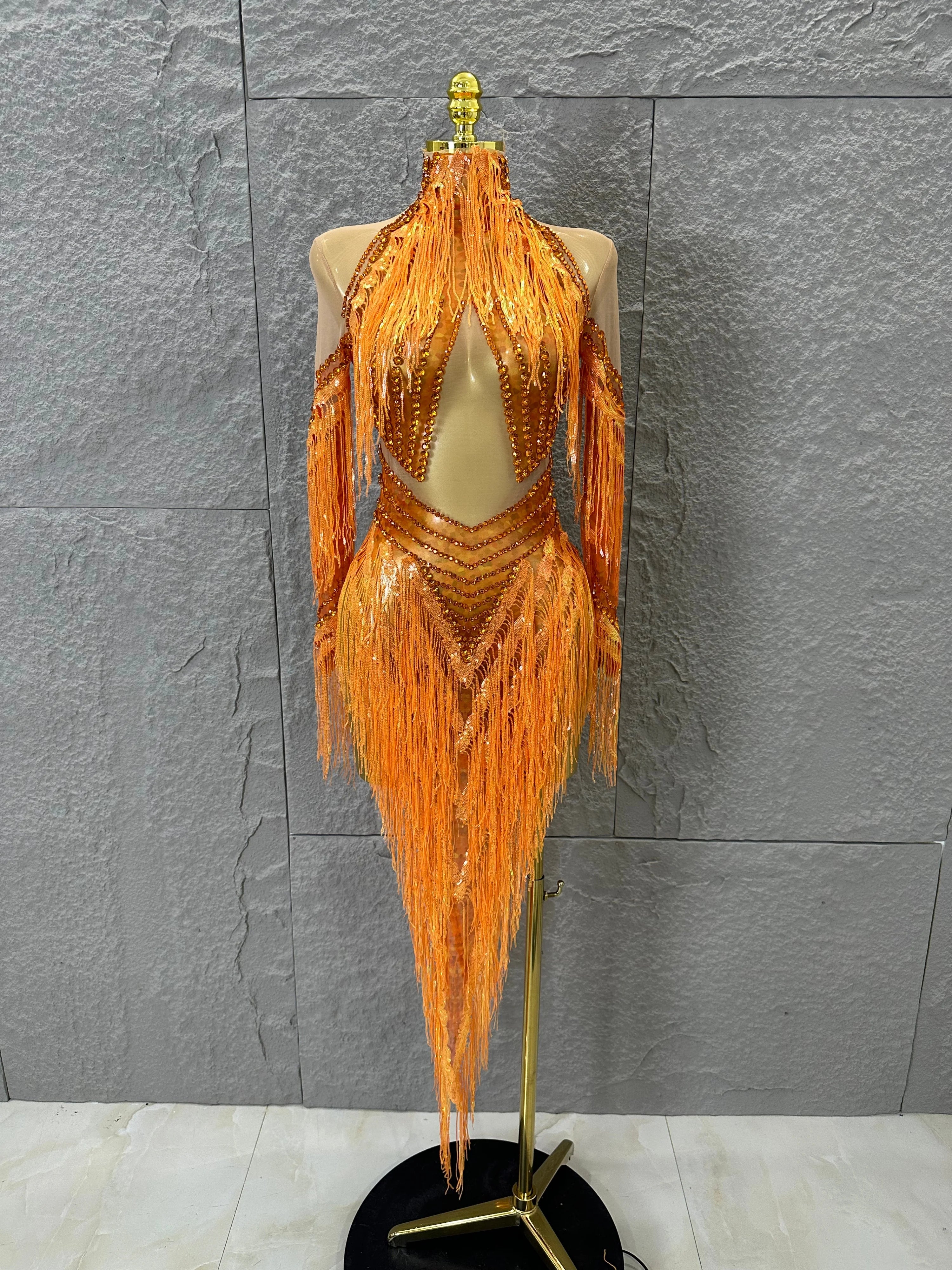 Sparkly Orange Rhinestone Fringe High Neck Dress Women Sheer Mesh Embellished Latin Dance Performance Costume