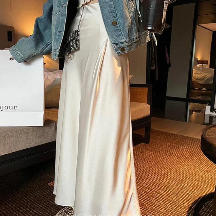 HOUZHOU Elegant Satin Skirt Summer Women Korean Fashion Solid High Waist Casual Long Skirts White Streetwear Office Lady