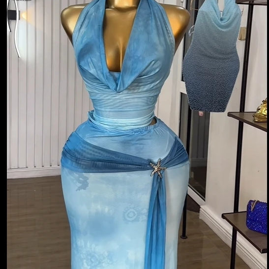 Women Tie Dye Printed Halter Pile Neck Crop Top and Bodycon Midi Maxi Long Skirt Suit 2025 Summer Two 2Piece Set Outfits