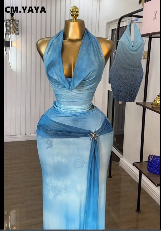 Women Tie Dye Printed Halter Pile Neck Crop Top and Bodycon Midi Maxi Long Skirt Suit 2025 Summer Two 2Piece Set Outfits