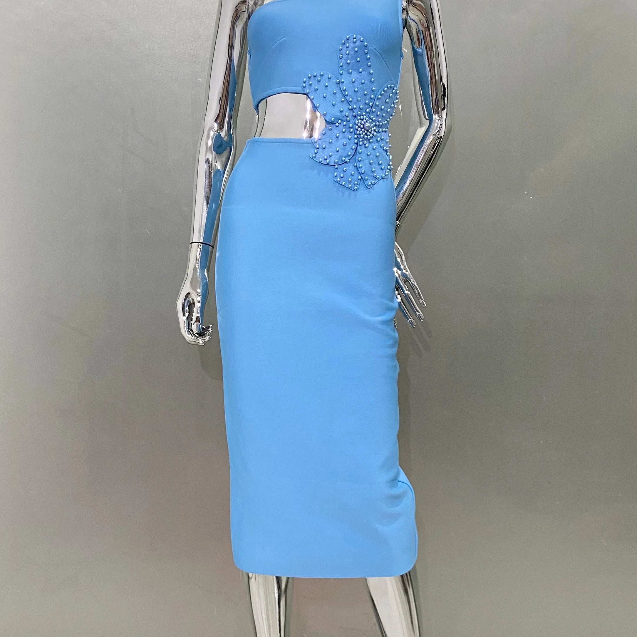 Blue Color Beading Flower Sexy One Shoulder Expose waist Mid Calf Bandage Dress Elegant Woman Evening Dress Cocktai Party Outfit Blue