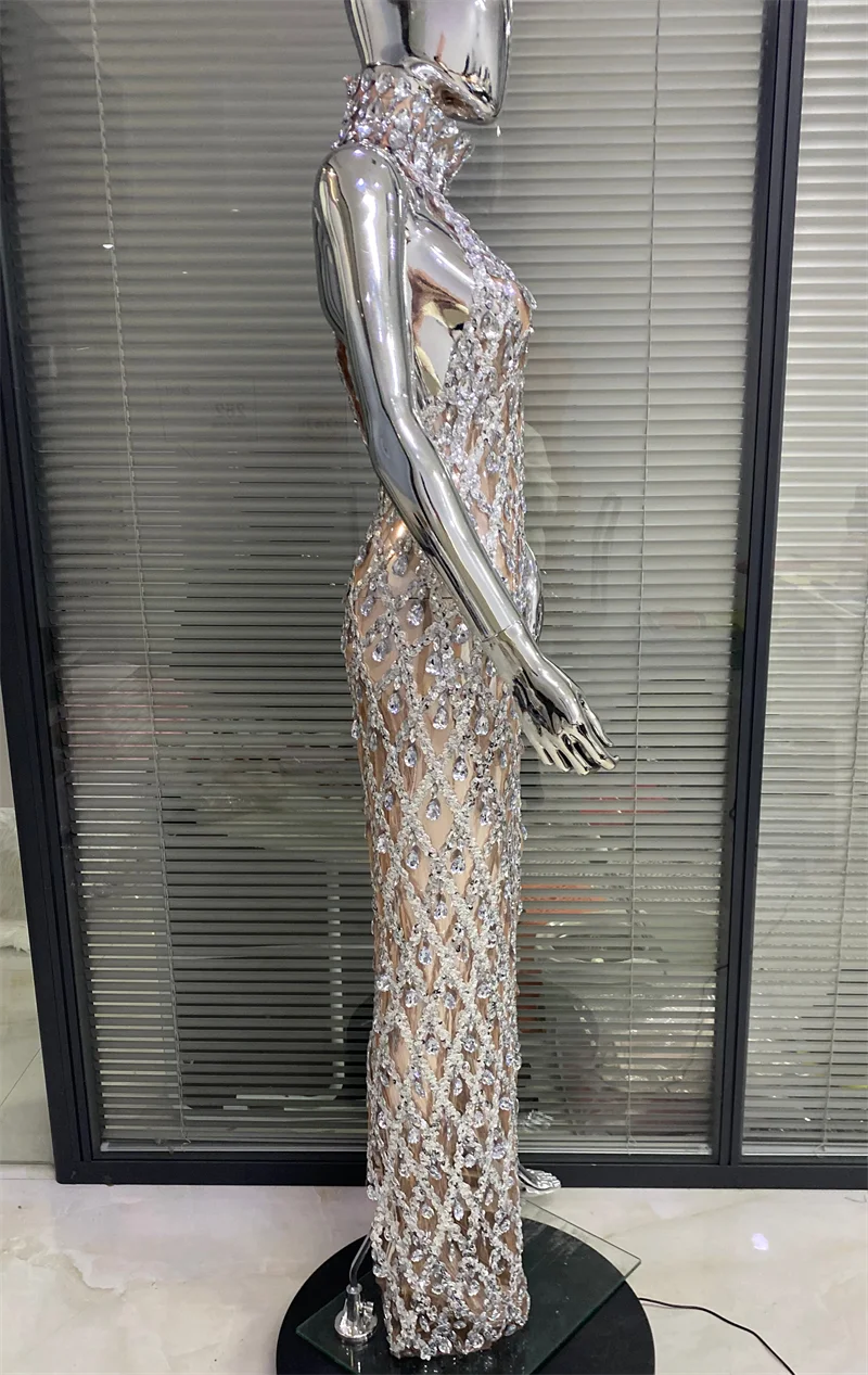 Shinning Big Crystal Women Sleeveless Sexy Halter Bodycon Long Dress Celebrate Birthday Party Nightclub Outfit Vestido