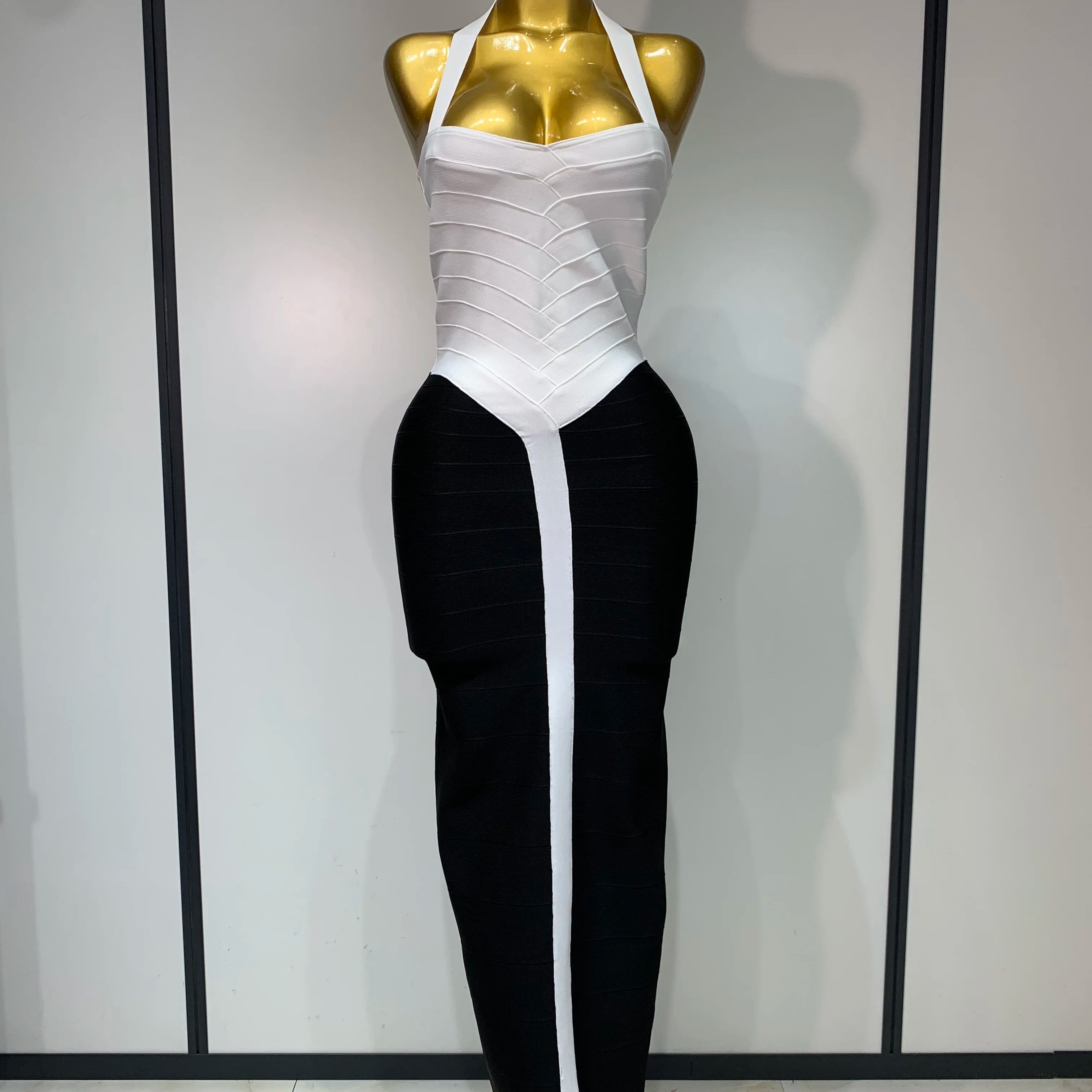 Women Sexy Halter Whiter Black Patchwork Bodycon Bandage Dress Celebrity Elegant Evening Party Club Luxury Birthday Dresses White and black