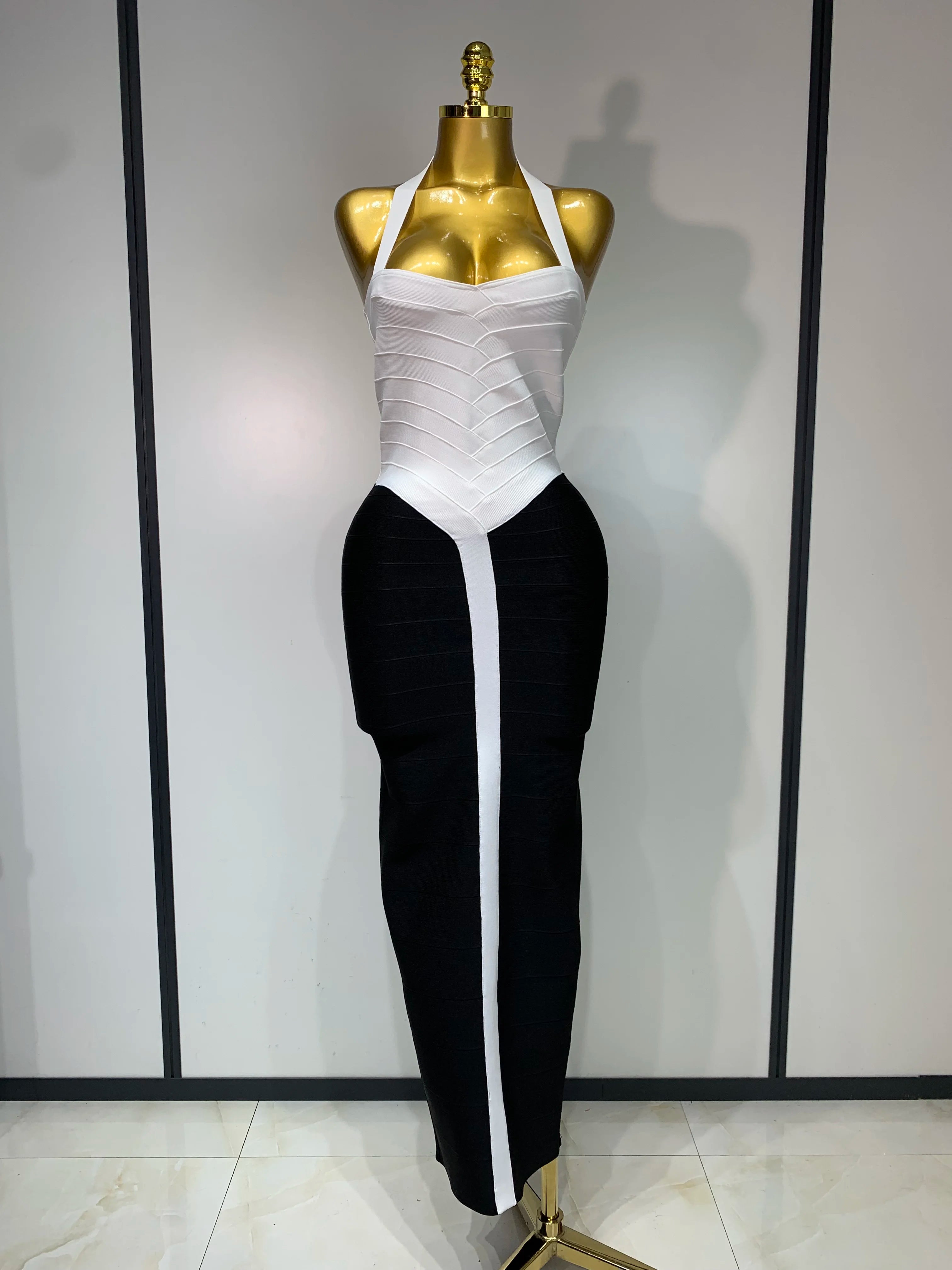 Women Sexy Halter Whiter Black Patchwork Bodycon Bandage Dress Celebrity Elegant Evening Party Club Luxury Birthday Dresses White and black