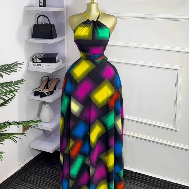 CM.YAYA Women Printed Halter Sleeveless Tank Maxi Long Dress 2025 Summer Beach Birthday Sexy Vacation Party Evening Dresses