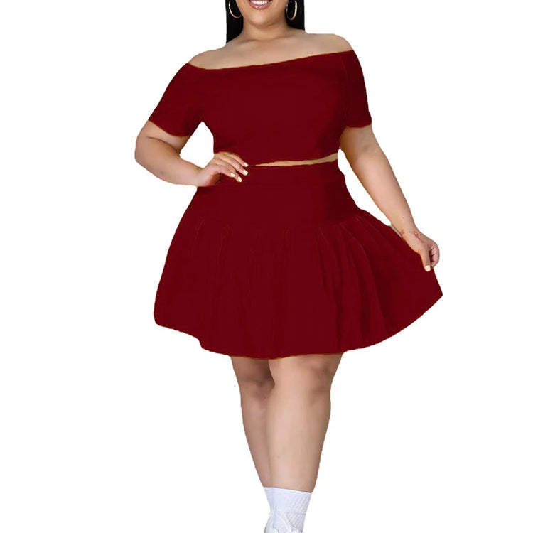 5xl Plus Size Women Clothing Wholesale Summer Outfits Crop Tops and Pleated Skirt Tracksuit Sweet Dress Suits Dropshipping Burgundy