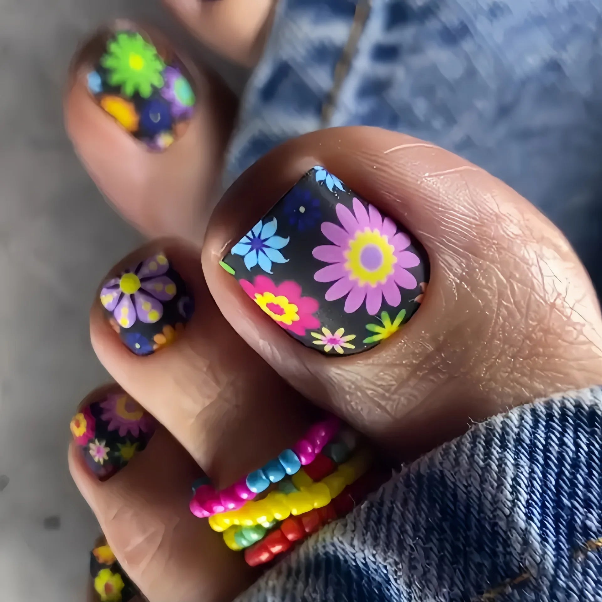 24pcs/set short square teo nails Colorful Flower summer fake nail tips glitter rhinestones floral press on false nail art kit 1505