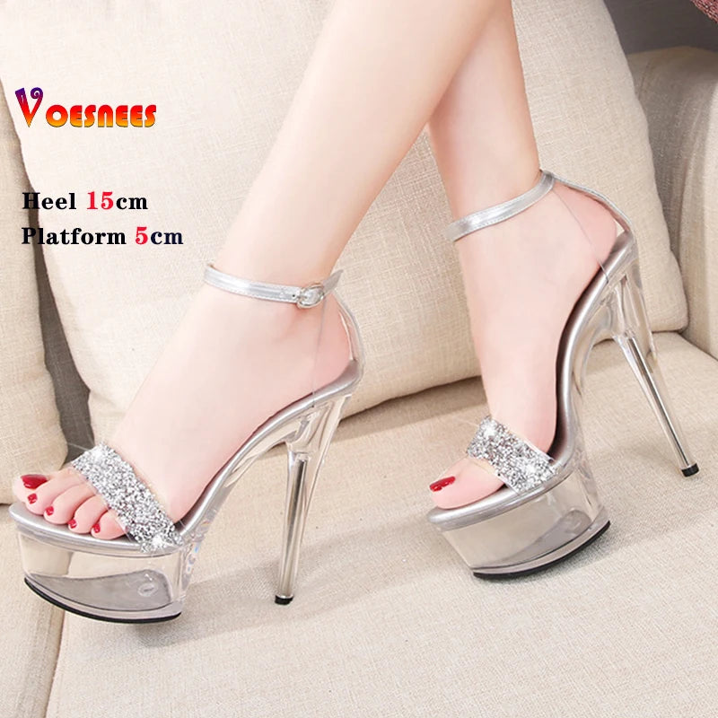 Crystal Women Sandals Clear Heels Shoes with Heel Fashion Platforms High Needle Heel Sandal Stripper Sexy Party Club Stiletto