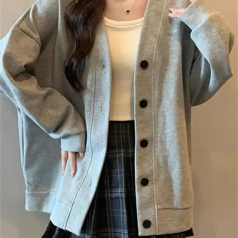 New Explosive JK Coat Top College Style Grey V-neck Cardigan Hoodie Women's Autumn/Winter Plush Korean Series Women Grey