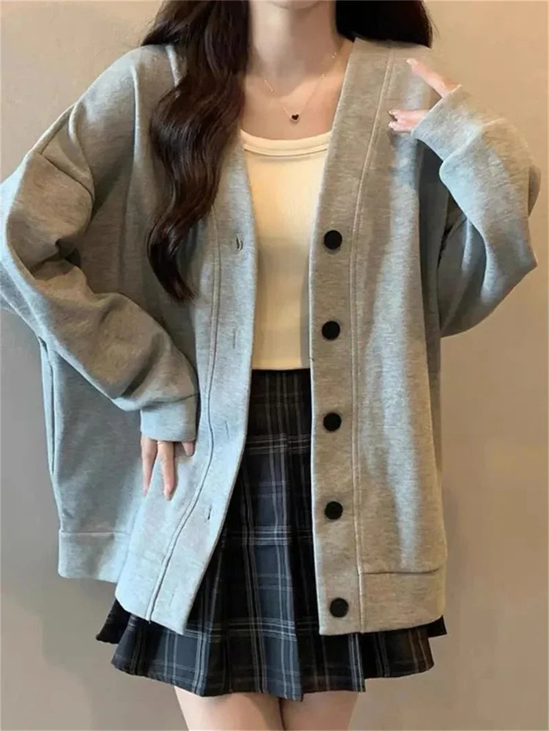 New Explosive JK Coat Top College Style Grey V-neck Cardigan Hoodie Women's Autumn/Winter Plush Korean Series Women Grey