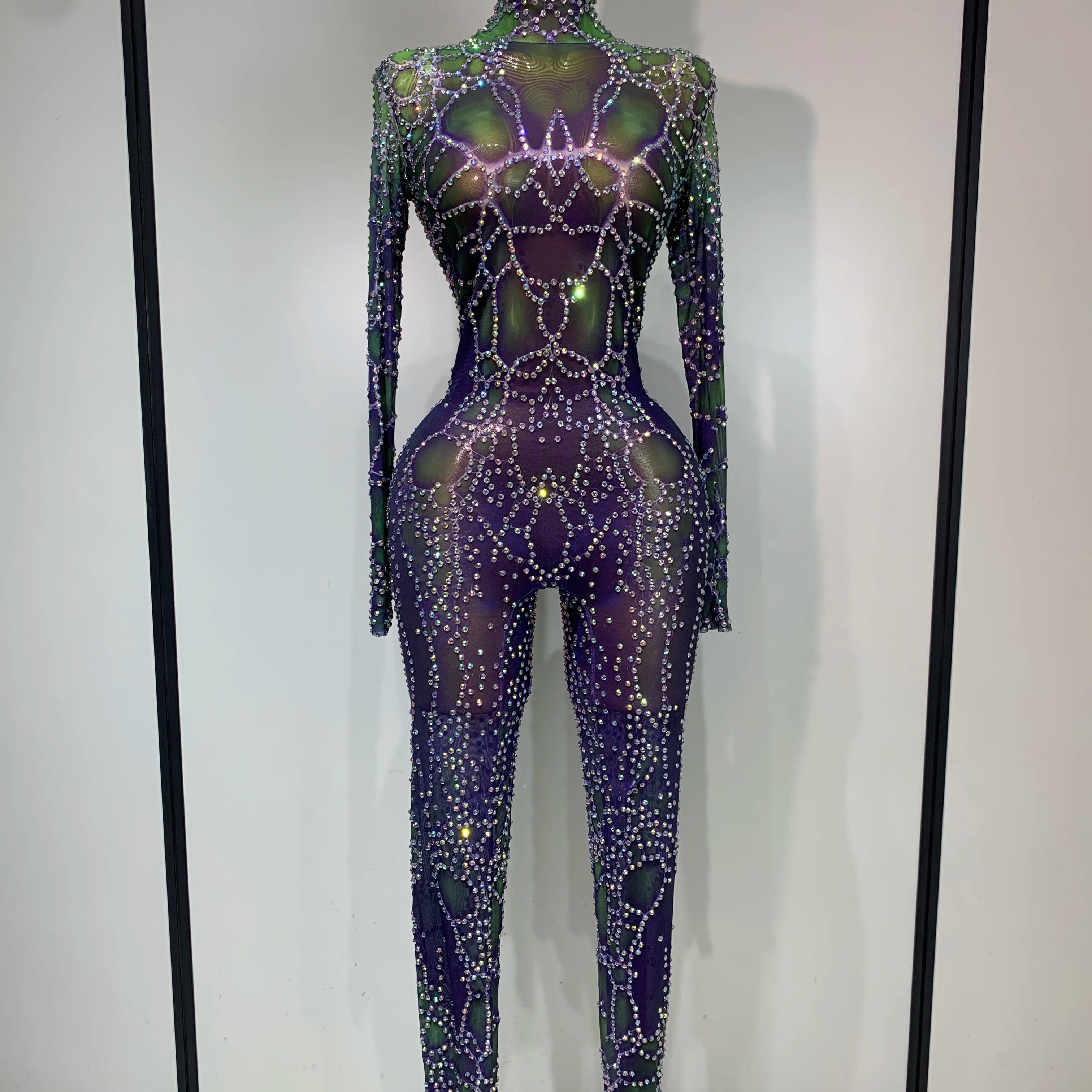 Women Sparkly Rhinestones Mesh Bodycon Jumpsuit Singer Stage Performance Dance Costume Nightclub Party Luxury Birthday Outfit MULTI