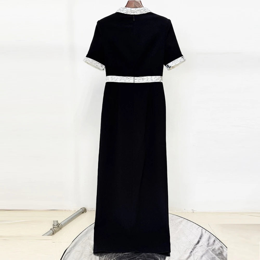 Solid Spliced Bead Elegant Dresses for Women V Neck Short Sleeves High Waist Patchwork Split Long Dress Female New