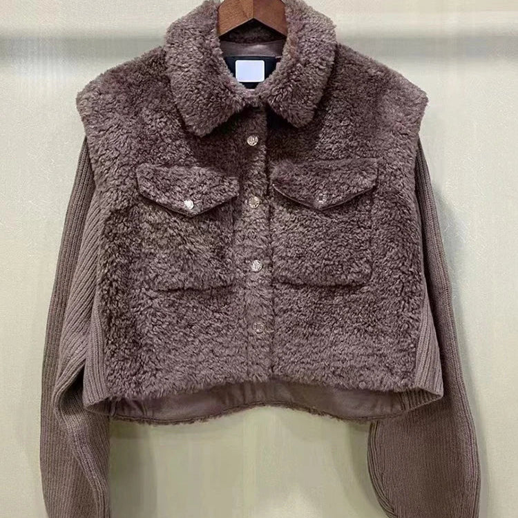 IOO Winter New Thick Warm Wool Fur Women Coats Knit Splice Turn-Down Collar Pocket Faux Fur Short Female Outwear Jackets Tops coffee