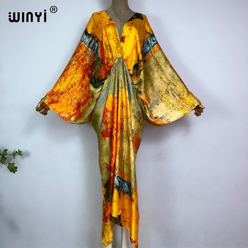 Sexy bech high-quality hand-rolled feel silk rayon fashion print 2024 WINYI Maxi Women's robes long beach V-neck Bohemian dress 9 One Size