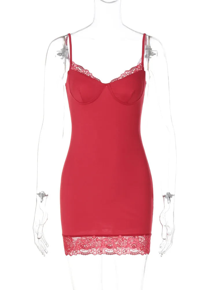 Spaghetti Strap Lace Sexy Mini Dress For Women Red Off-shoulder Strapless Sleeveless Backless Slim Fit Bodycon Dress