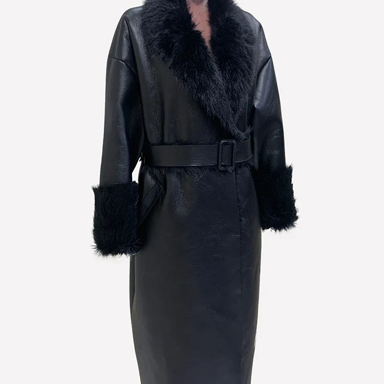 Nerazzurri Winter Long Oversized Black Thickened Warm Soft Black Lamb Shearling Trench Coat Women Faux Sheepskin Overcoat 2024