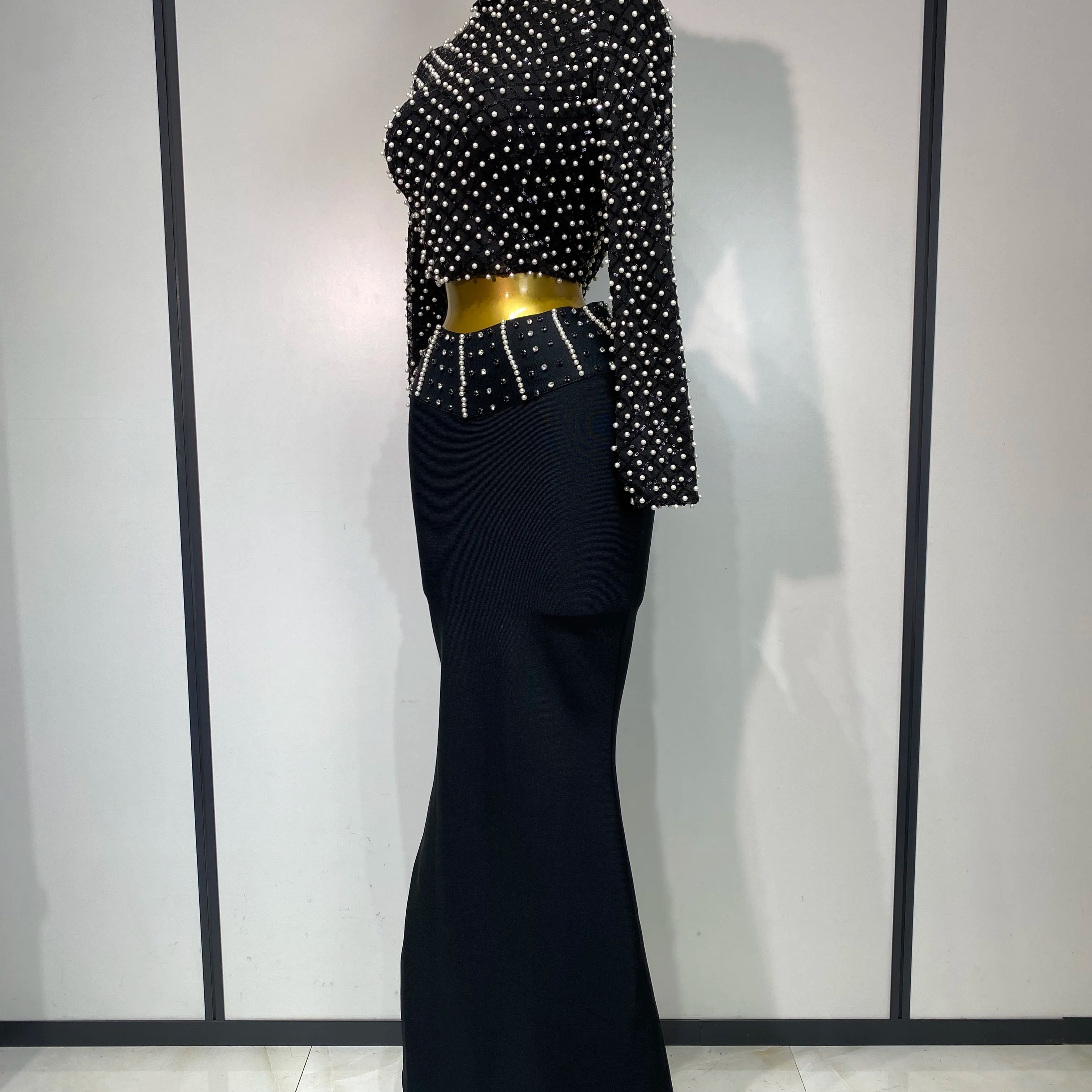 Women Long Sleeve Black Mesh Studded Dianonds Crystal Pearl Two Pieces Bandage Set Celebrity Sexy Evening Party Birthday Gown