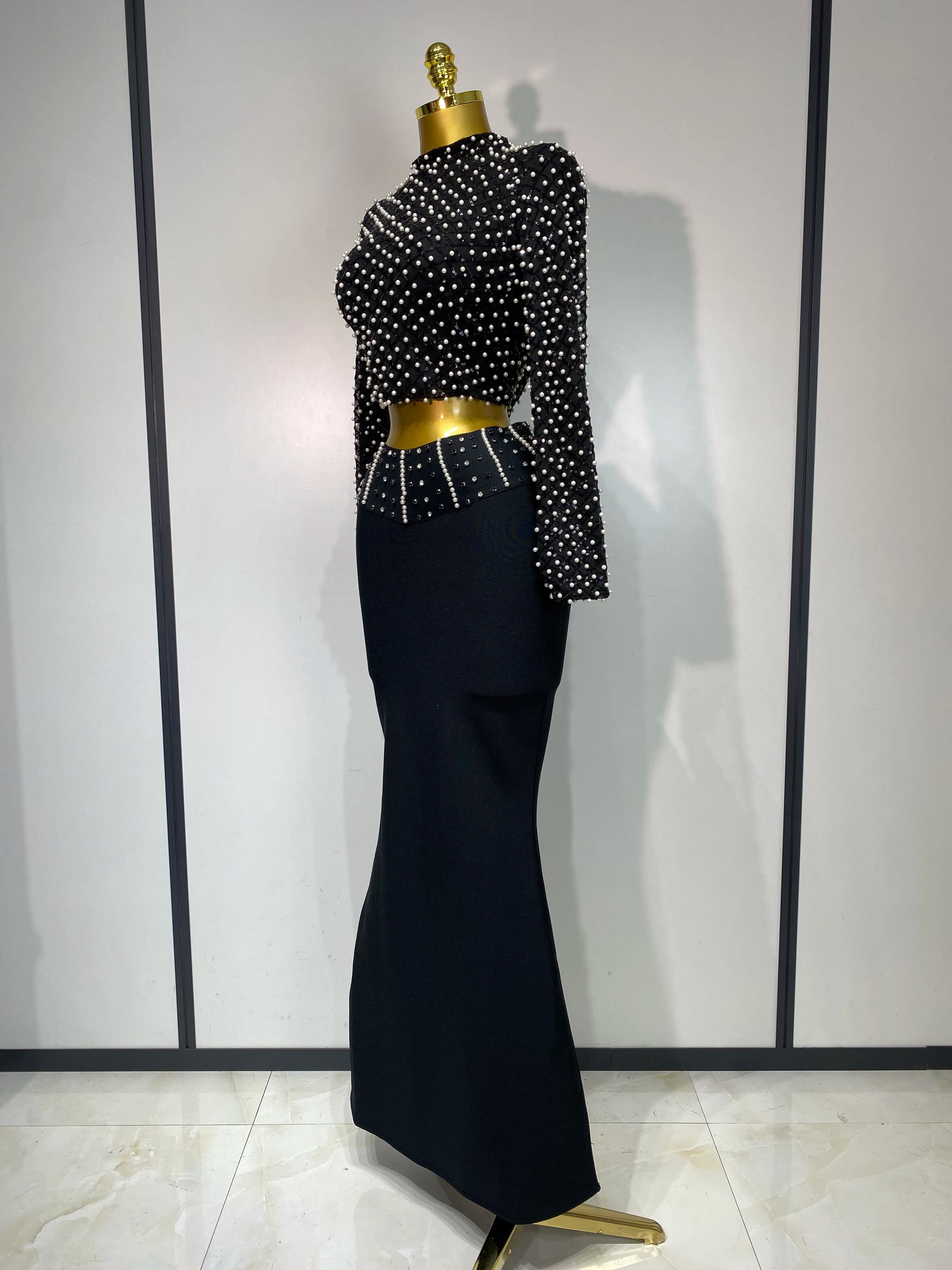 Women Long Sleeve Black Mesh Studded Dianonds Crystal Pearl Two Pieces Bandage Set Celebrity Sexy Evening Party Birthday Gown