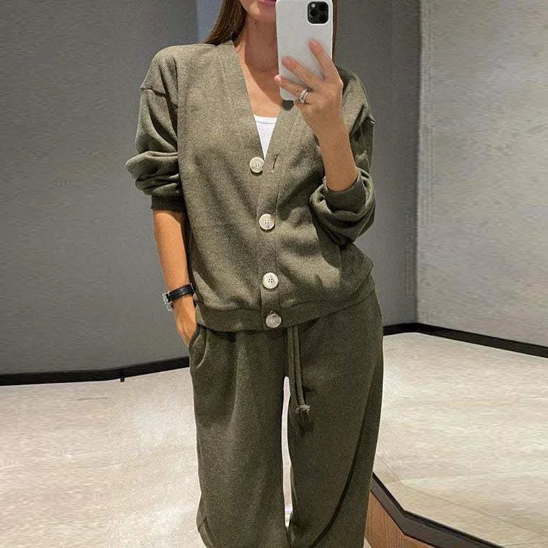 Autumn Winter Women Two Piece Set Button Cardigan Coat Drawstring Plus Size Pants Suit Female Casual Daily Wear