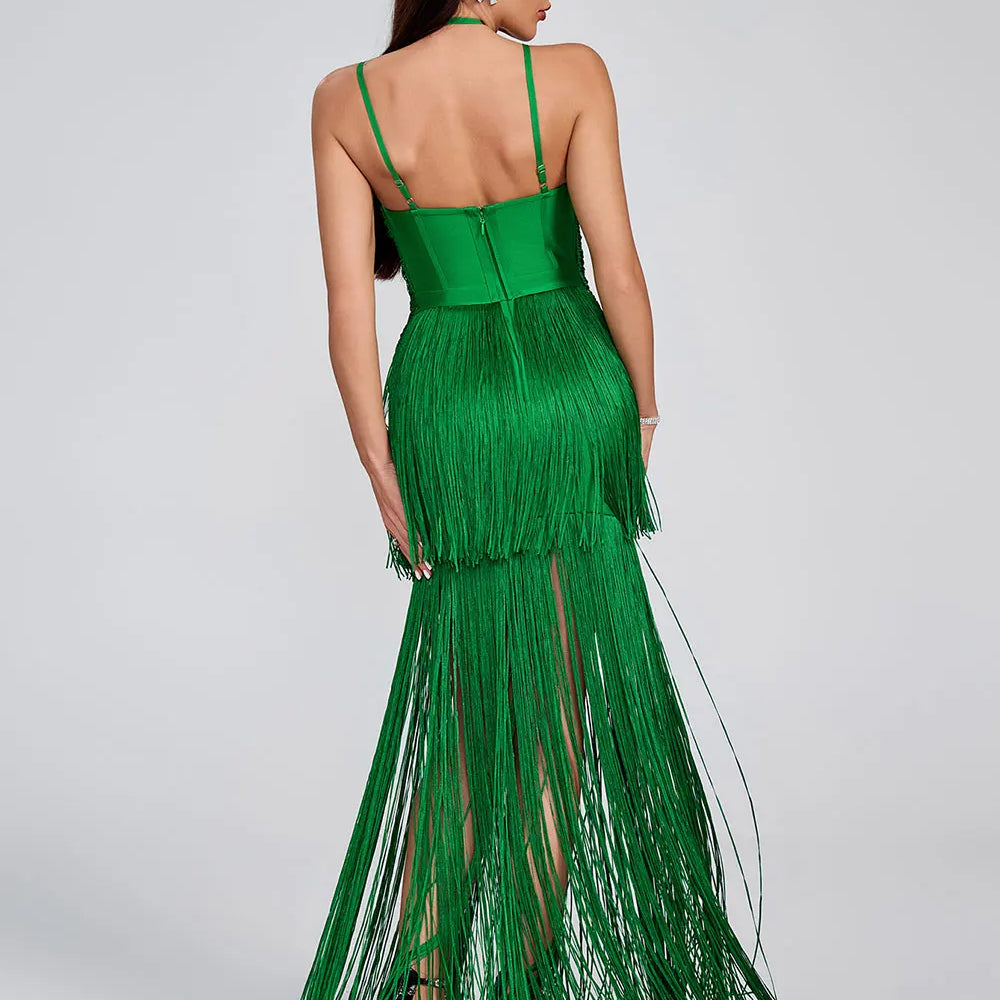 2025 Women Tassel Design Bandage Long Dress Hanging Neck Sleeveless Bodycon Backless Dress Celebrity Evening Club Party Vestidos