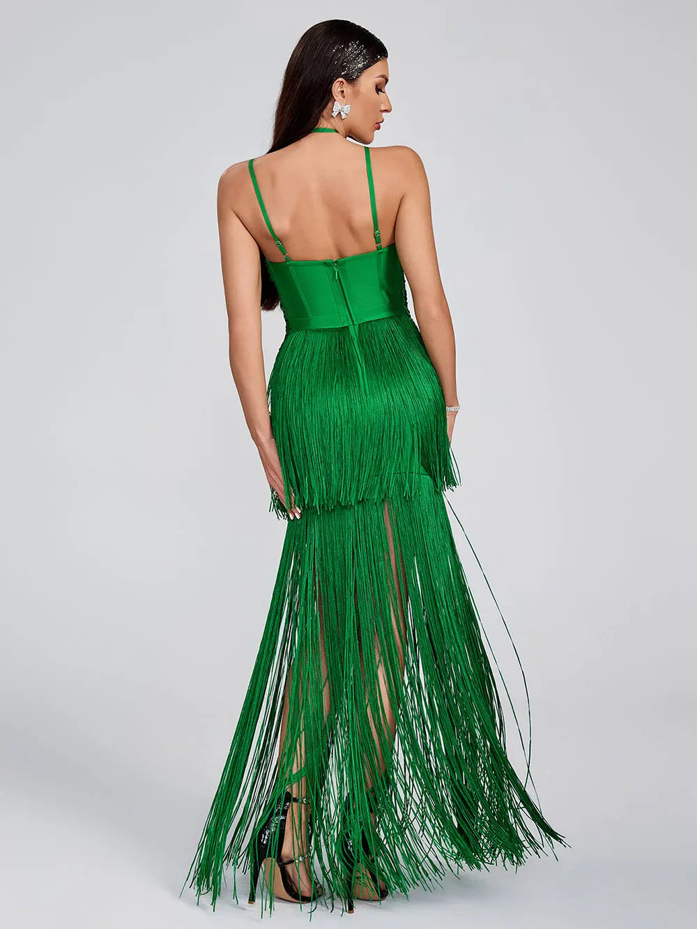 2025 Women Tassel Design Bandage Long Dress Hanging Neck Sleeveless Bodycon Backless Dress Celebrity Evening Club Party Vestidos