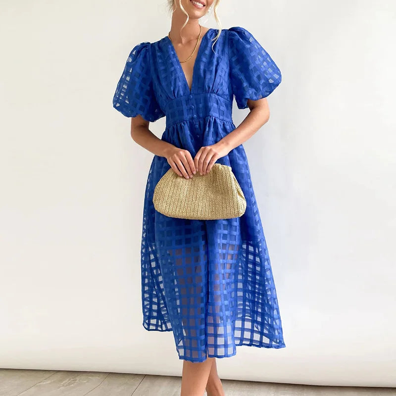 Summer Multicolor Lantern Short Sleeve Long Dress Elegant Ladies Solid V Neck Big Hem Dress Fashion Mesh Plaid High Waist Dress Blue