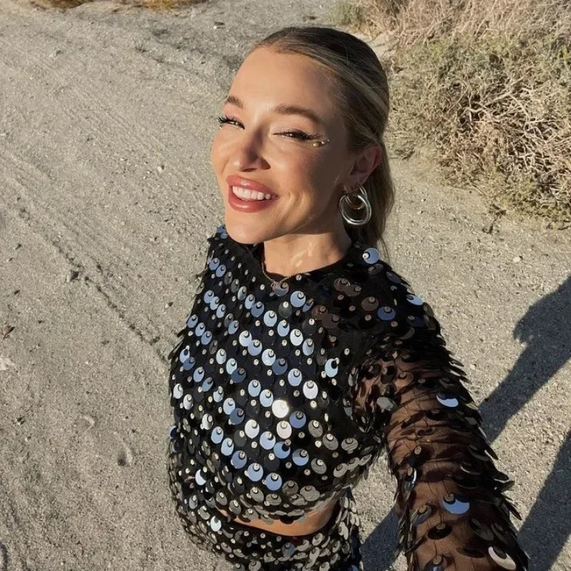 Spring Summer New Dress Women's Fashion Solid Color Sequined Flare Sleeve Dress Women's Sexy O-Neck Irregular Mini Dress