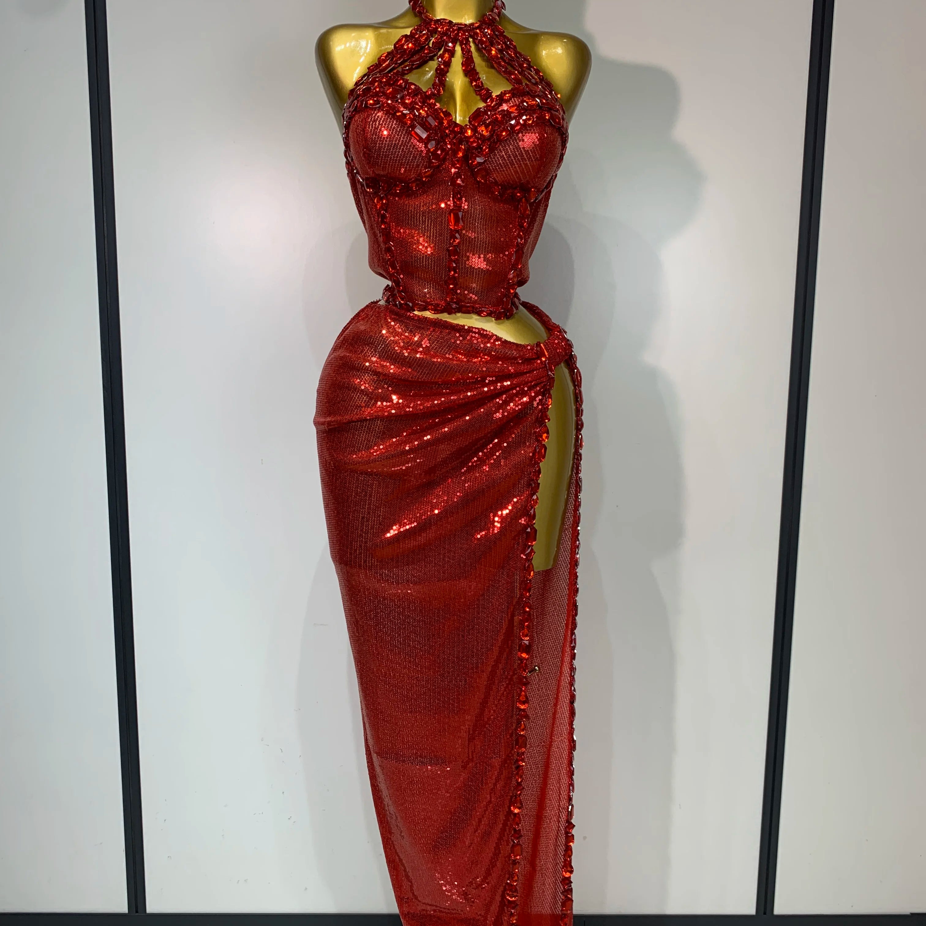 Sexy Backless Shiny Diamond Two Piece Set 2025 Women Elegant Evening Party Luxury Birthday Nightclub Singer Stage costume Red