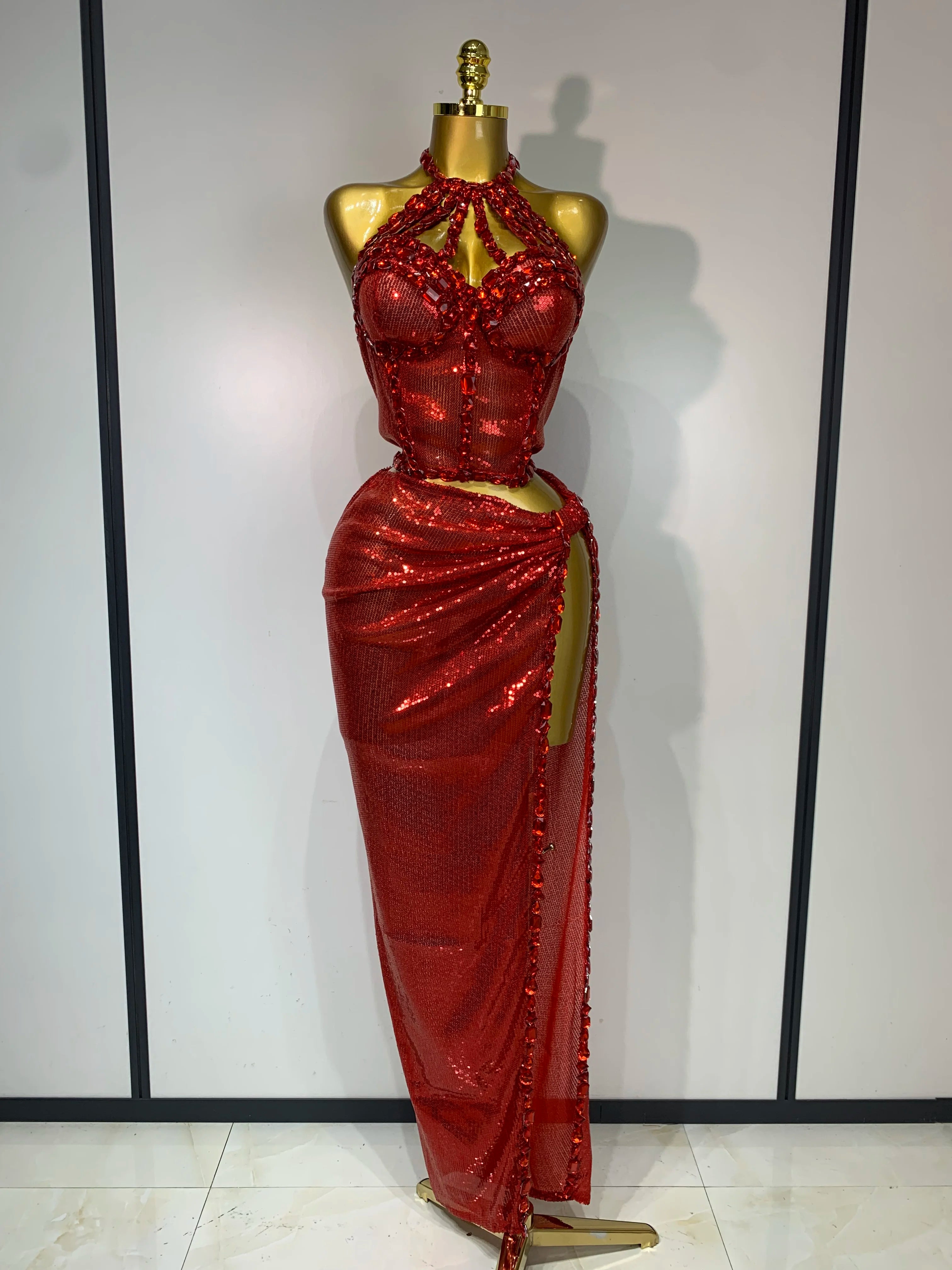 Women Sparkly Gold Rhinestones Top Long Skirt Two Pieces Set Singer Dancer Performance Costume Nightclub Luxury Birthday Dress Red