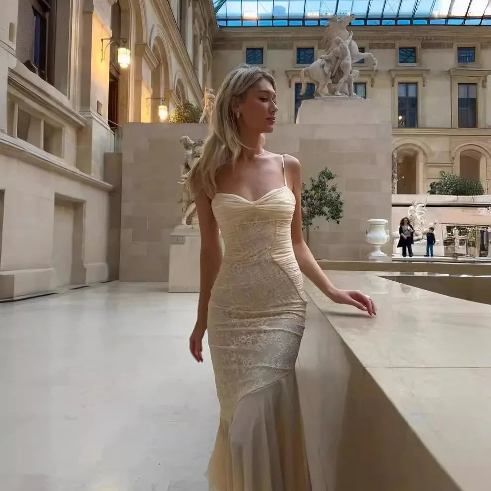 Suninheart Summer Elegant Maxi Dress 2024 New Arrivals Spaghetti Strap Wedding Guest Dress Long Bodycon Party Dresses Women beige