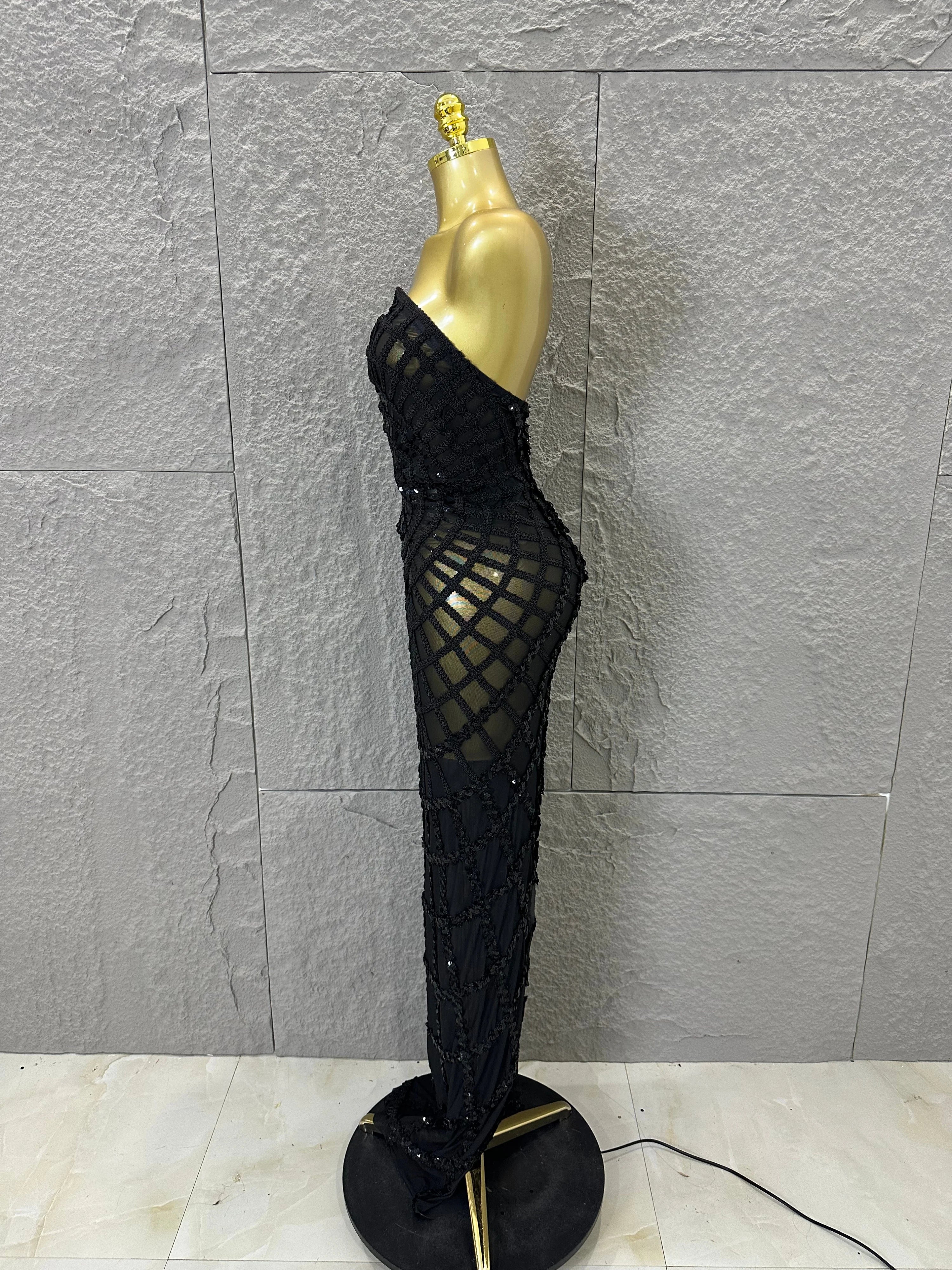 Elegant Sequined Sheer Mesh Maxi Dress Women Sexy Strapless 3D Grid Embellished Bodycon Mermaid Outfit Stage Performance Costume
