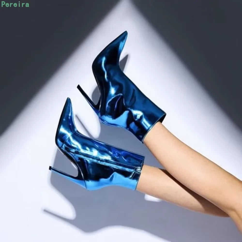 Chic Blue Stiletto Ankle Boots Women's New Arrival Solid Pointed Toe Side Zipper Patent Leather Sexy Fashion Party Basic Shoes Blue