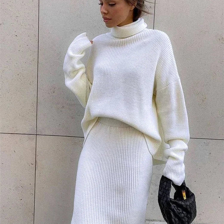 new Ribbed Knit 2 Piece Dress Set Outfits Ladies Knitwear Top And Midi Skirt Sets For Women Casual Winter Sweater Sets WHITE