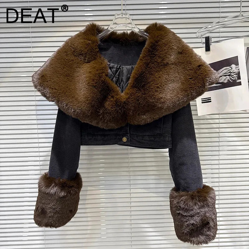 Winter New Fashion Street Style Sailor Collar Faux Fur Quilted Denim Short Coat For Women High Waist Jacket 11A07450