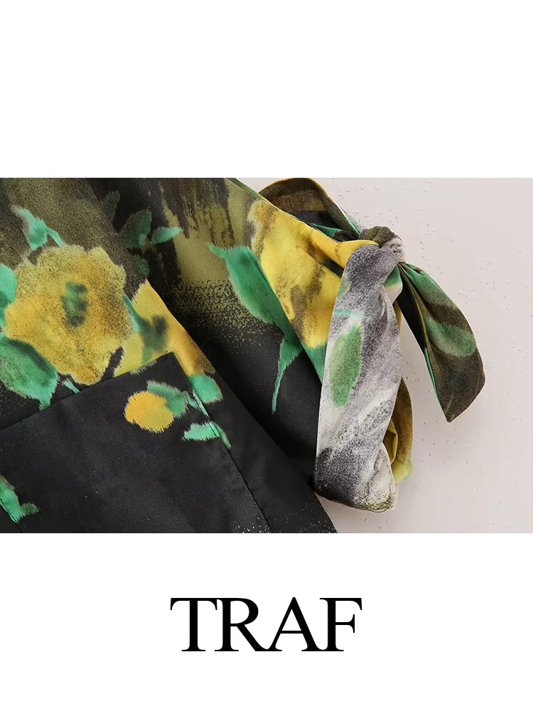 TRAF Summer Vintage Y2K Short Sleeve Green Floral Print Woman Zipper Shirt Set High Waisted A Line Pleated Skirt Suits