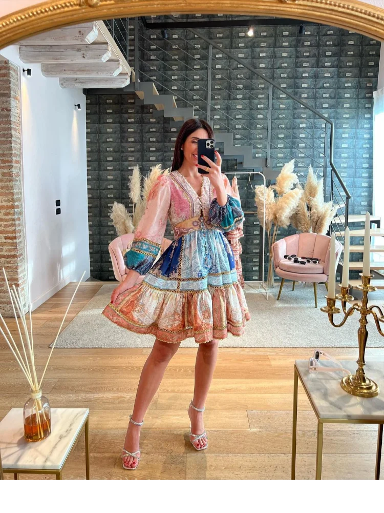 Fashion Puff Sleeve Patchwork Print Midi Dress Women Sexy V Neck High Waist Long Dresses Female Vacation Street Vestidos