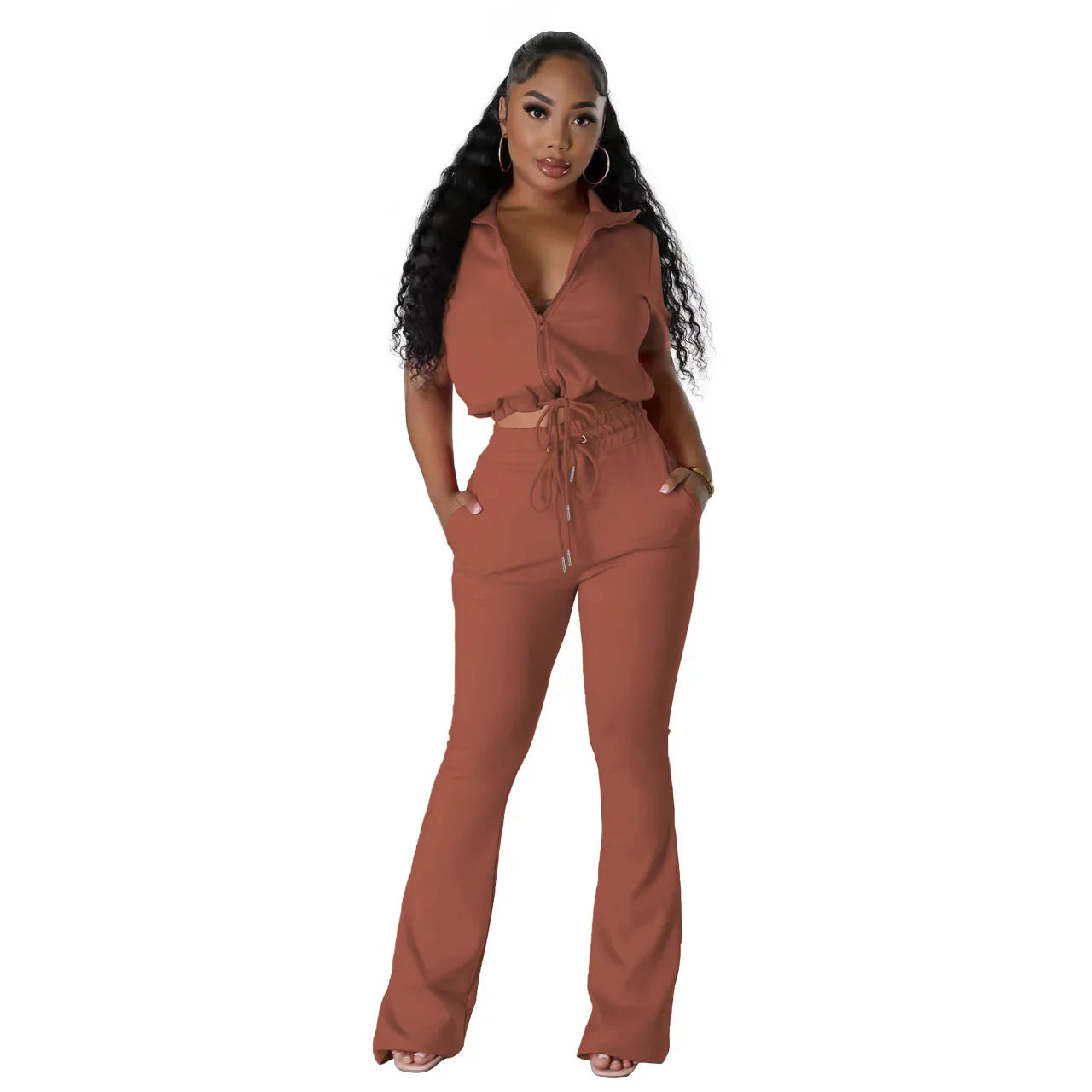 FAGADOER Fashion Solid Color Drawstring Flared Pants Two Piece Sets Women V Neck Short Sleeve Crop Top And Skinny Pants Outfits light brown