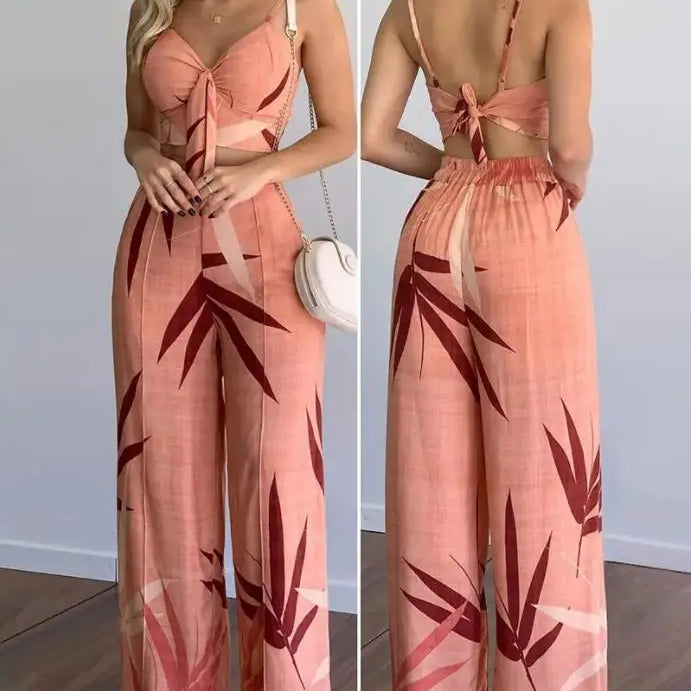 Summer New Women's Suit Sexy Sleeveless Backless Womens Outfits Leaf Print Crop Top & Wide Leg Pants Set Long Pants 2 Piece Sets