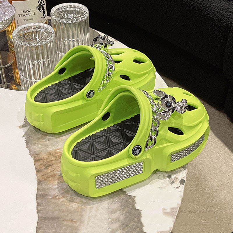 Women's Sandals Thick Soft Home Slippers Non-slip Outdoors Cool Chain Fashion Cozy Slides Easy Washing Breathable Cut-out Green02