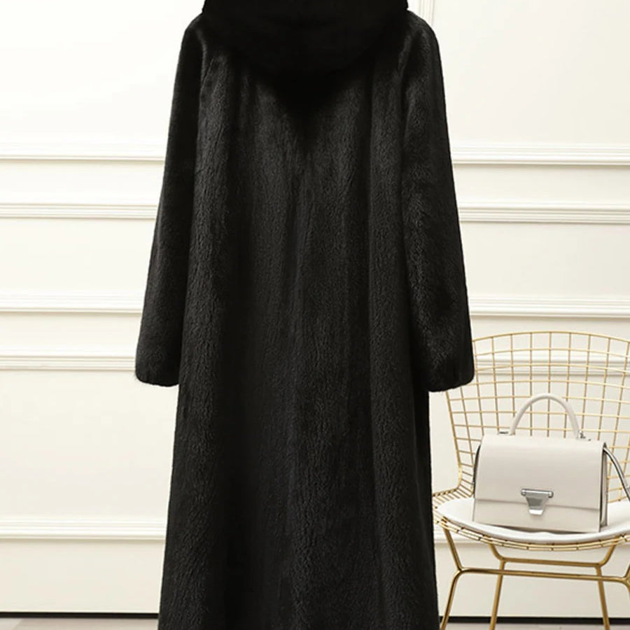 Lautaro Autumn Winter Long Luxury Elegant Thick Warm Fluffy Soft Faux Mink Fur Coat Women with Hood Black Furry Overcoat 2025