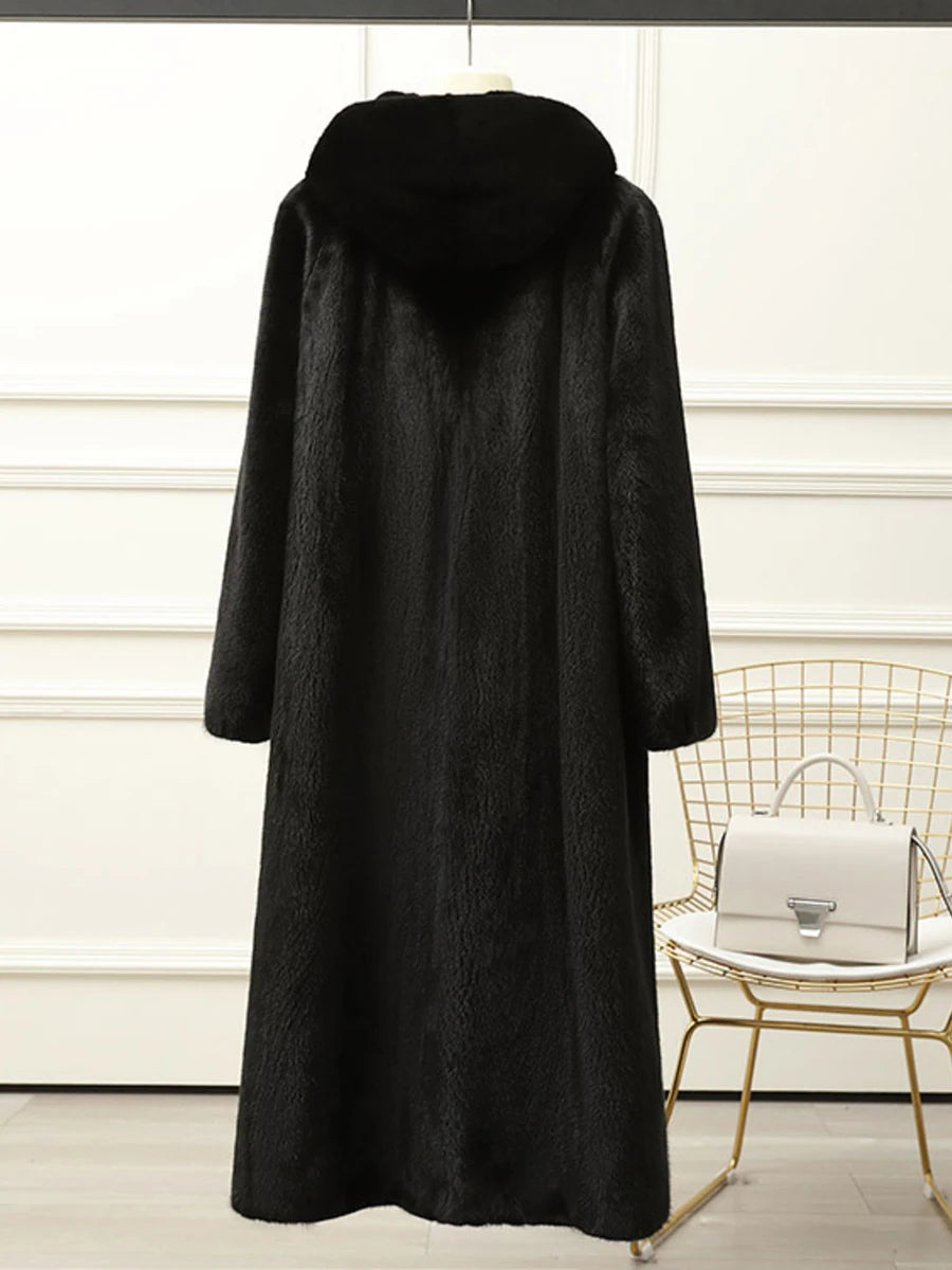 Lautaro Autumn Winter Long Luxury Elegant Thick Warm Fluffy Soft Faux Mink Fur Coat Women with Hood Black Furry Overcoat 2025
