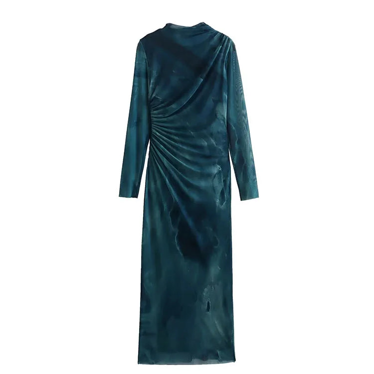 Woman Silk Mesh Midi Dress Autumn Women Long Sleeve Vintage Long Dress Female Elegant Slim Dress